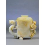 A Chinese pale celadon and russet included cup and cover with pierced dragon handle and chilong
