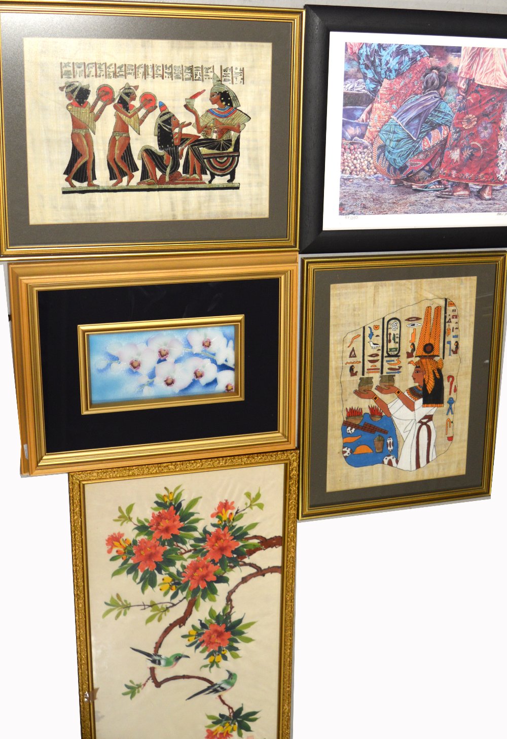 Five Oriental and Eastern artworks to include hand painted silk depicting hibiscus blossoms and