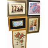 Five Oriental and Eastern artworks to include hand painted silk depicting hibiscus blossoms and