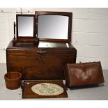 A mid 20th century blanket box, 92cm, a mahogany framed mirror, a swivel dressing table mirror,