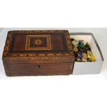 A 19th century mahogany inlaid sewing box containing a quantity of vintage buttons.