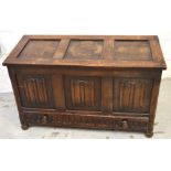 A 20th century oak blanket box with long lower drawer on bun feet, width 100cm.