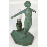 An Art Deco green painted lead figural table lamp, height 29cm.