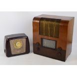 A Ferguson bakelite cased radio and a mahogany veneered G. Marconi larger example, height 46cm (2).