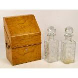 A 20th century Hungarian ash decanter case with twin brass handles and inlaid lozenge shaped