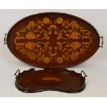 An Edwardian mahogany and floral inlaid gallery tray of oval form and brass handles,