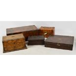 A Victorian walnut writing slope, for restoration, a decorative carved trinket box,