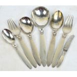 GEORG JENSEN; seven pieces of silver "Cactus" pattern flatware, (kaktus,