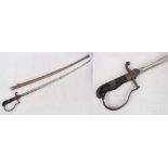 A WWII period European dress sword with slightly curved blade, metal scabbard, and ribbed grip,