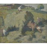 BALDASSARE LONGONI (Italian, 1876-1956); oil on board, farm workers loading a horse drawn hay cart,