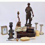 A quantity of collectors' items including a spelter figure, figural lamp,