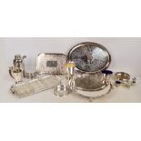 A quantity of silver plated items including a sectional serving dish with glass compartments and