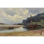 WILLIAM ADAM (1846-1931); oil on canvas, coastal inlet with moored boats, signed,