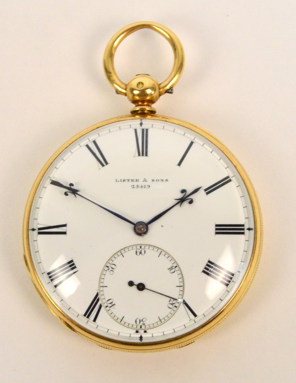 LISTER & SONS; an early 20th century 18ct gold cased open faced key wind pocket watch,