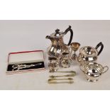 A group of electroplated items including a teapot with matching twin handled sugar bowl,