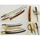 A brass handled officer's sword with shagreen grip and in leather scabbard,