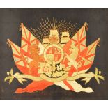 An early 20th century embroidery depicting British coat of arms with mast in the background,
