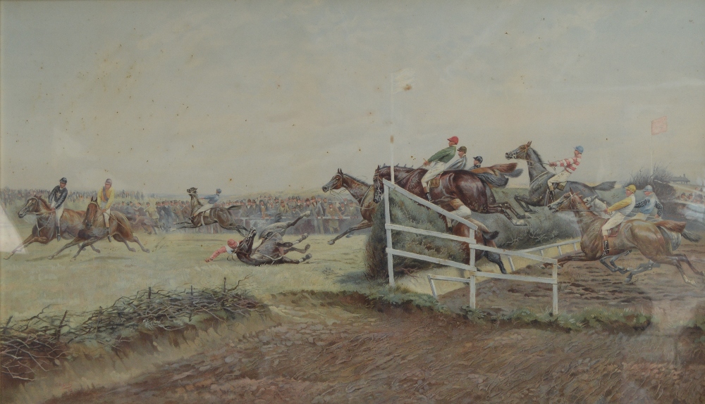 After G.D. GILES; a large chromolithograph "The Grand National", 51 x 98, framed and glazed.