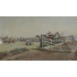 After G.D. GILES; a large chromolithograph "The Grand National", 51 x 98, framed and glazed.