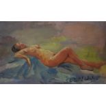 20TH CENTURY CONTINENTAL SCHOOL; oil on card, study of a full length female nude,