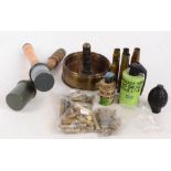 Two reproduction dummy German stick grenades, a smoke grenade, two deactivated grenades,