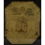 A George III silk sampler of Adam and Eve with a bible verse and floral border by "Martha Hamnett