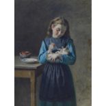 GIROLAMO NATTINO (1842-1913); watercolour, a young girl feeding a kitten, standing beside a table,