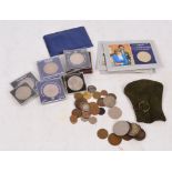 A small collection of British coins including Victorian and later pennies, modern boxed crowns,