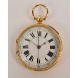 A late 19th century 18ct yellow gold cased open face key wind pocket watch with stop watch,