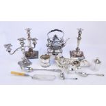 A quantity of electroplated items to include a pair of Old Sheffield candlesticks,