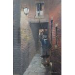 TOM BROWN (b.1933); pastel and ink, a night alley figural scene, signed lower right, 34.5 x 21.