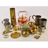 A group of metalware to include a copper kettle, four pewter mugs,