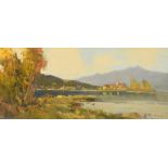 G. ROCCA; oil on canvas board, Italian lake landscape, signed, 14 x 34cm, framed and glazed.