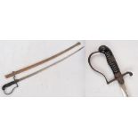 A WWII period European dress sword with slightly curved blade, metal scabbard, and ribbed grip,