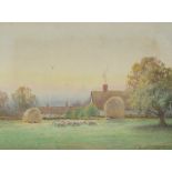 THOMAS EDWARD CHURNSIDE; watercolour, rural landscape with sheep grazing before a thatched cottage,