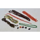 A quantity of costume jewellery including a four strand coral bead necklace, length 49cm,