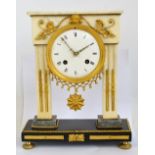 A mid 19th century French white marble and gilt bronze portico mantel clock,