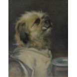 After J. EARL; oleograph of a terrier wearing napkin licking his lips after a meal, 31.5 x 24.