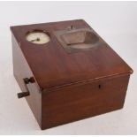 A mahogany cased Gledhill-Brook clocking-in clock with hinged lid and hinged side for access,