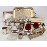 A quantity of plated items including a twin handled tray, a sauce boat, tea set,