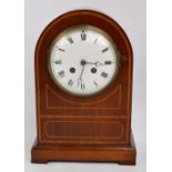 An Edwardian mahogany, satinwood inlaid and boxwood strung mantel clock,