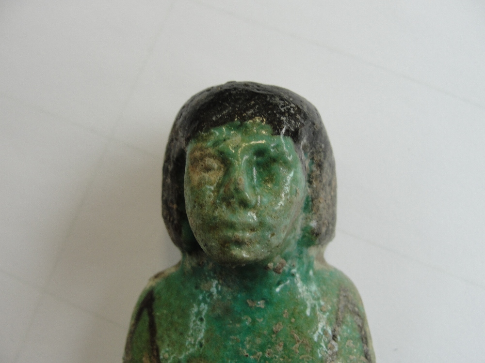 An ancient Egyptian pottery Ushabti with turquoise glaze, length 12. - Image 2 of 11