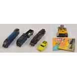 Two playworn Hornby Meccano Dublo engines, a coal tender and a small open wagon,