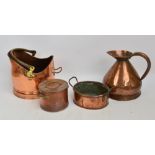 A copper coal scuttle, a haystack measure and two pans (4).