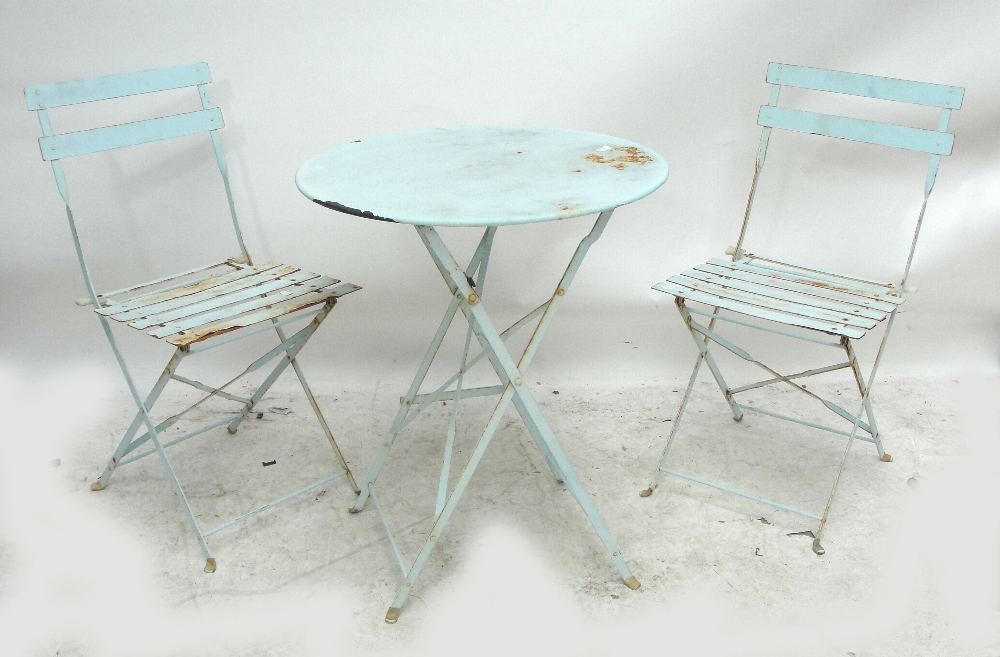 A pale blue bistro set comprising painted metal table and two folding chairs, - Image 2 of 2