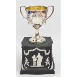 A George III hallmarked Irish silver twin handled trophy cup,