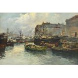 EZELINO BRIANTE (Italian, 1901-1970; oil on board, depicting a harbour town scene with boats,