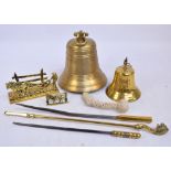 A small group of metalware to include a brass replica Titanic ship's bell,