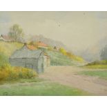 THOMAS EDWARD CHURNSIDE; watercolour, rural landscape with row of cottages, signed, 21 x 27cm,