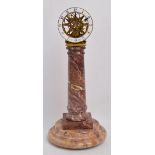 An unusual rouge marble pillar skeleton clock,